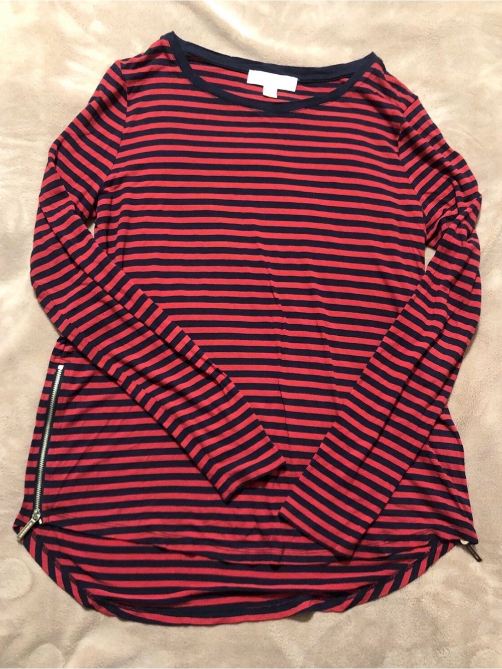 Michael Kors Navy and Red Striped Long-Sleeve Top